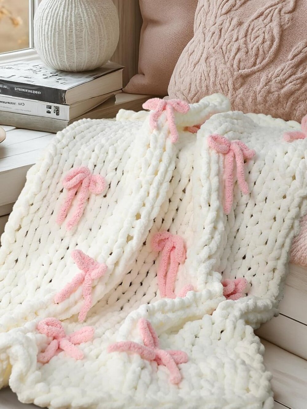 Pink Bow Chunky Knit Blanket Throw 50x60in